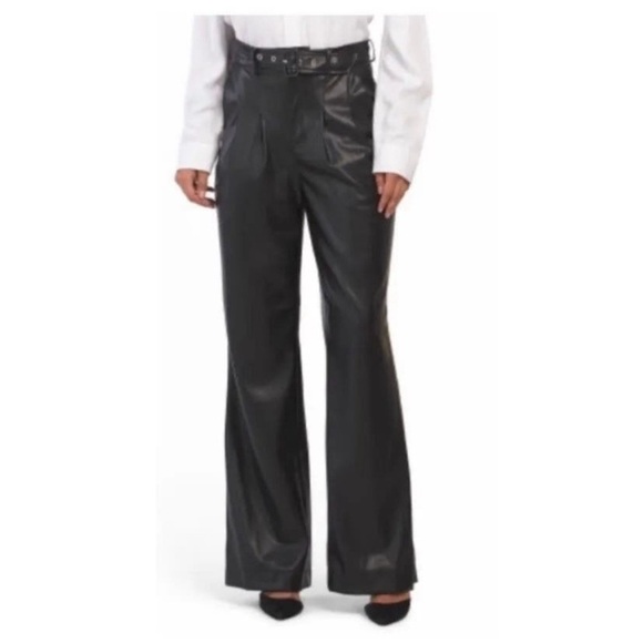 7 For All Mankind Faux Vegan Leather Pants Belted Pleated Tan Beige Wide‎ Leg L - Picture 11 of 11